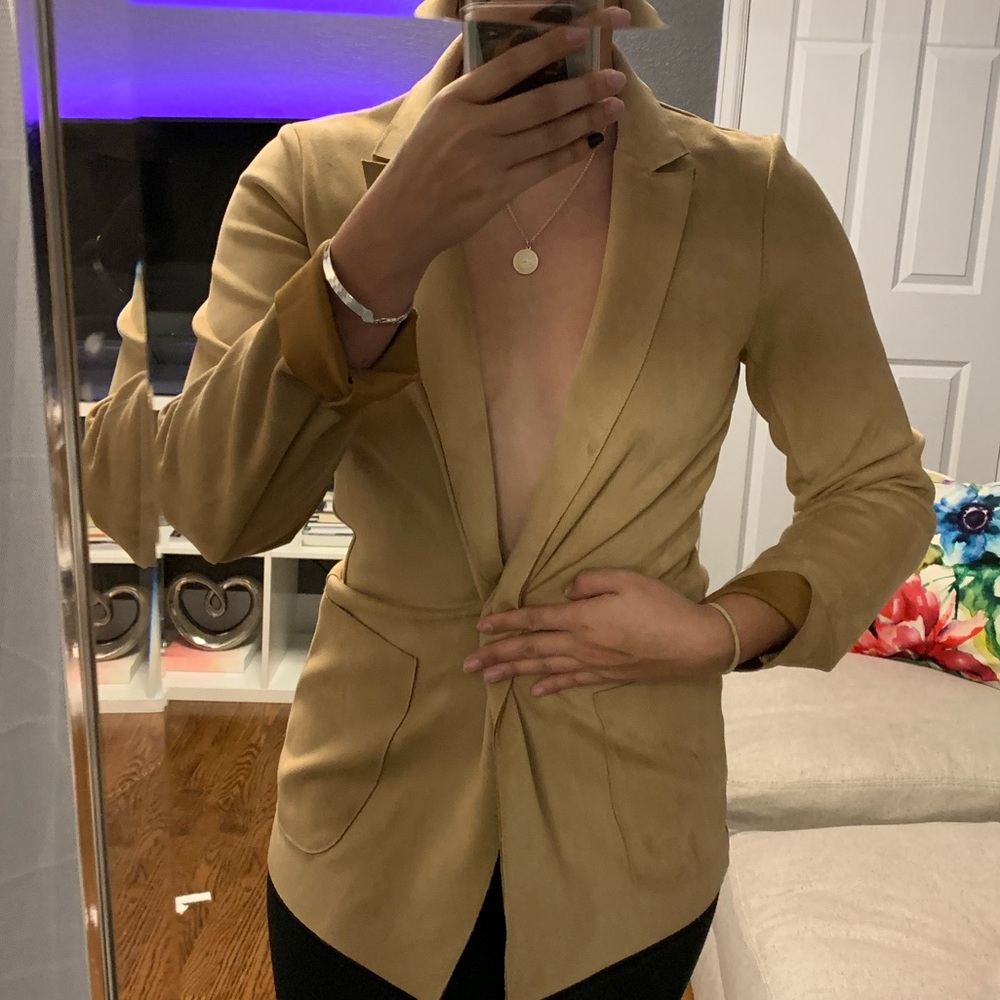 Trendy Suede Tan No Button Blazer